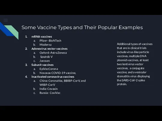 Some Vaccine Types and Their Popular Examples mRNA vaccines Pfizer–BioNTech Moderna Adenovirus