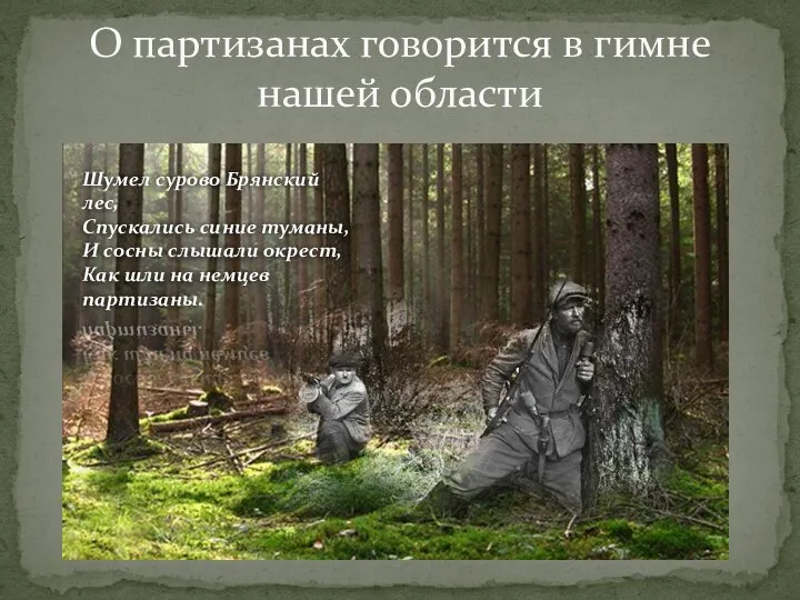 О партизанах говорится в гимне нашей области Шумел сурово Брянский лес, Спускались