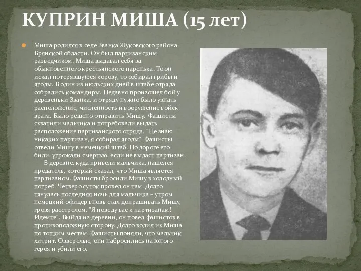 Миша родился в селе Званка Жуковского района Брянской области. Он был партизанским