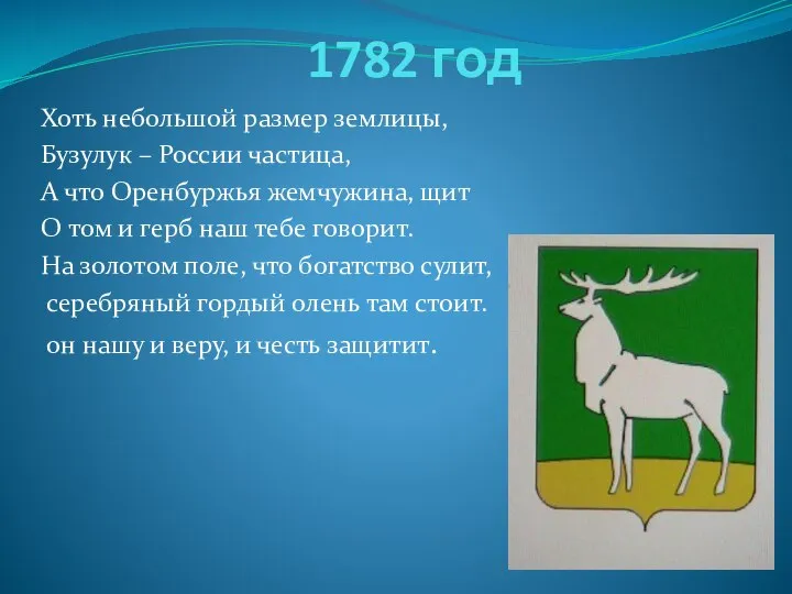 1782 год Хоть небольшой размер землицы, Бузулук – России частица, А что