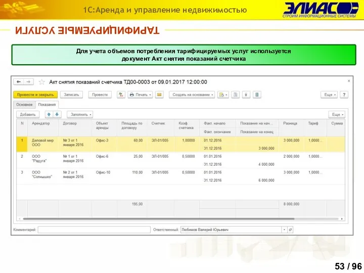 ТАРИФИЦИРУЕМЫЕ УСЛУГИ 1С:Аренда и управление недвижимостью Для учета объемов потребления тарифицируемых услуг