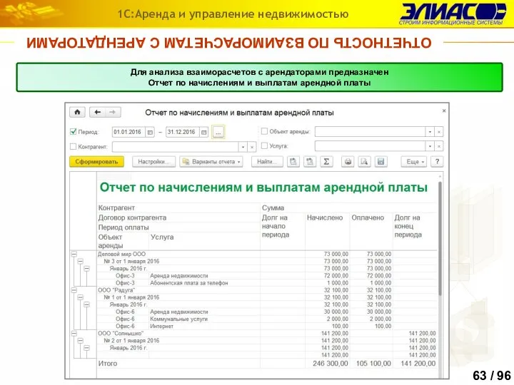 ОТЧЕТНОСТЬ ПО ВЗАИМОРАСЧЕТАМ С АРЕНДАТОРАМИ 1С:Аренда и управление недвижимостью Для анализа взаиморасчетов