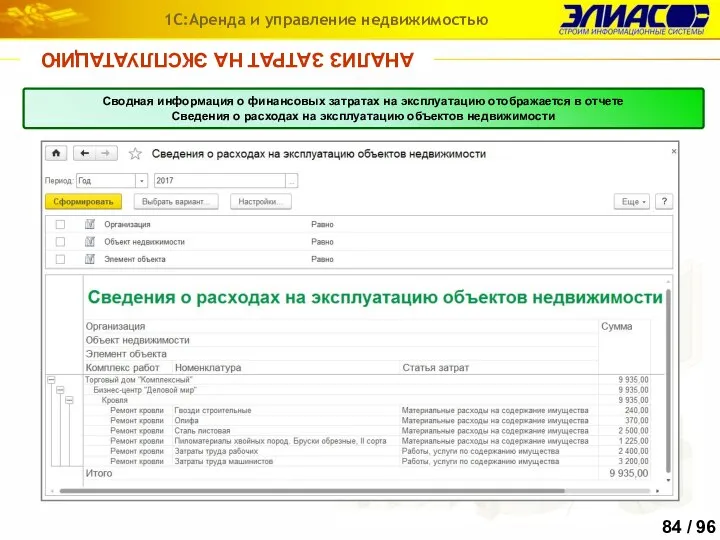 АНАЛИЗ ЗАТРАТ НА ЭКСПЛУАТАЦИЮ 1С:Аренда и управление недвижимостью Сводная информация о финансовых