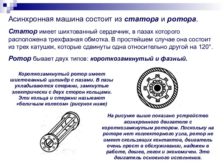 Асинхронная машина состоит из статора и ротора. Статор имеет шихтованный сердечник, в