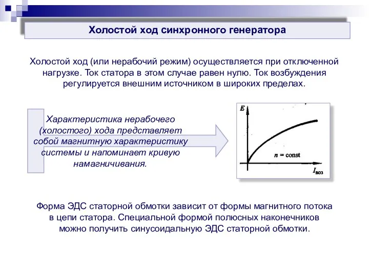 Холостой ход синхронного генератора Холостой ход (или нерабочий режим) осуществляется при отключенной