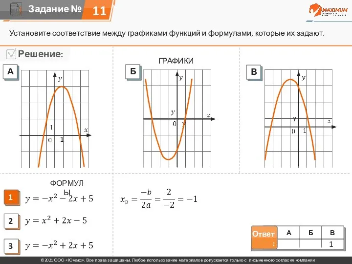 Установите соответствие между графиками функций и формулами, которые их задают. 11 ГРАФИКИ ФОРМУЛЫ 1