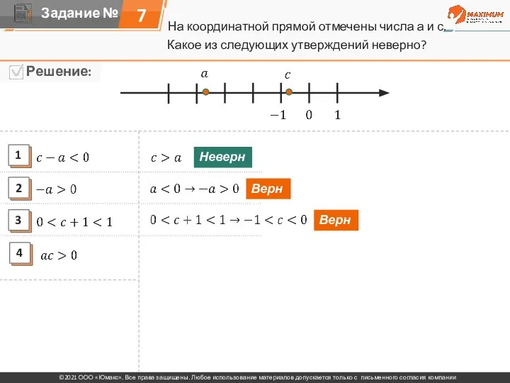 На координатной прямой отмечены числа а и с. 7 Какое из следующих