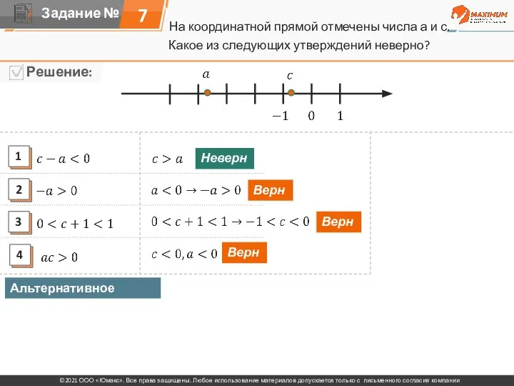 На координатной прямой отмечены числа а и с. 7 Какое из следующих