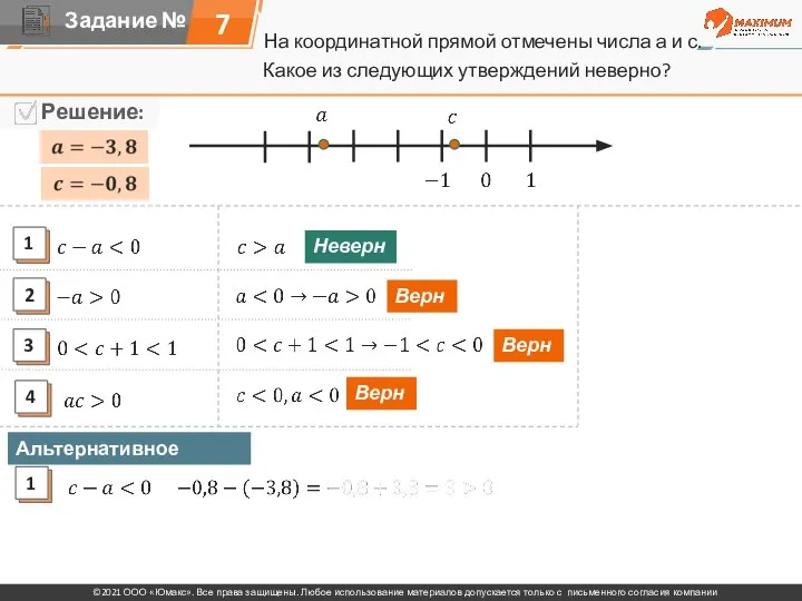 На координатной прямой отмечены числа а и с. 7 Какое из следующих