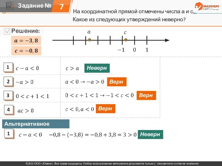 На координатной прямой отмечены числа а и с. 7 Какое из следующих