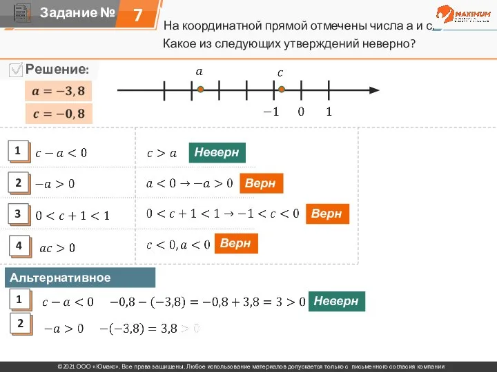 На координатной прямой отмечены числа а и с. 7 Какое из следующих