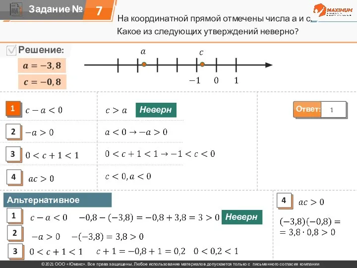 На координатной прямой отмечены числа а и с. 7 Какое из следующих