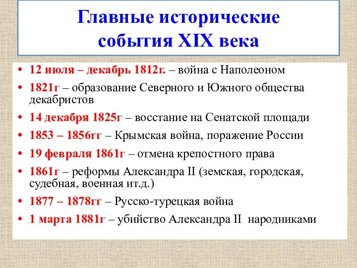 Главные исторические события XIX века 12 июля – декабрь 1812г. – война