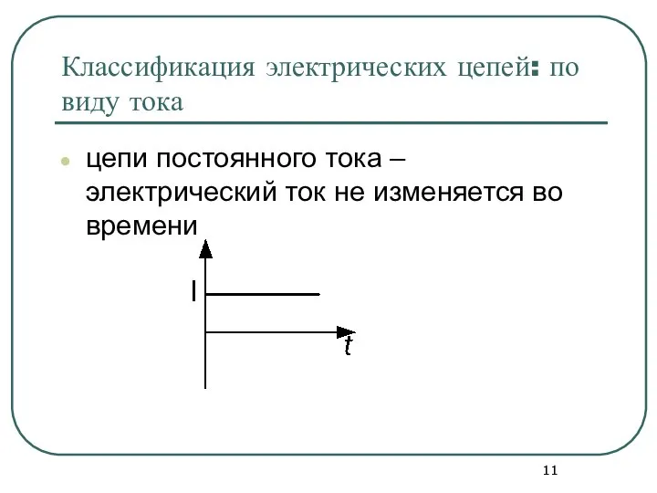 Классификация электрических цепей: по виду тока цепи постоянного тока – электрический ток не изменяется во времени