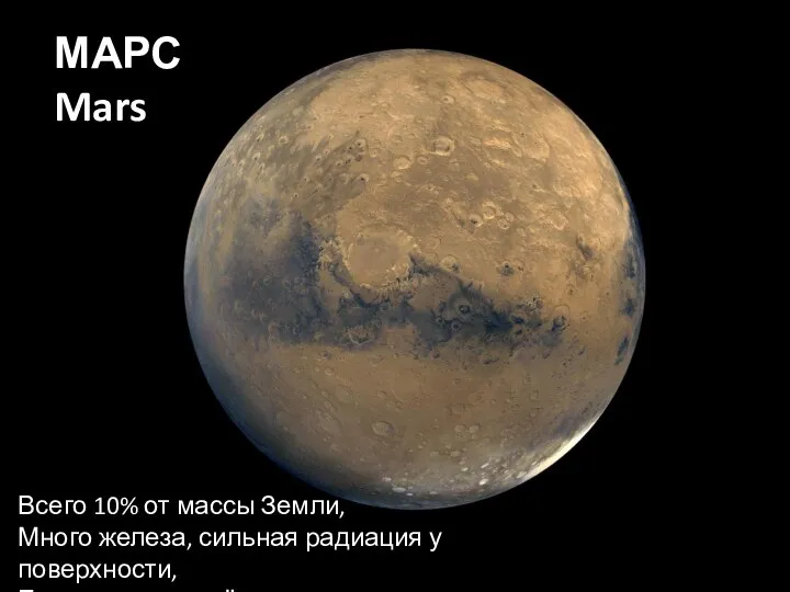 МАРС Mars Всего 10% от массы Земли, Много железа, сильная радиация у