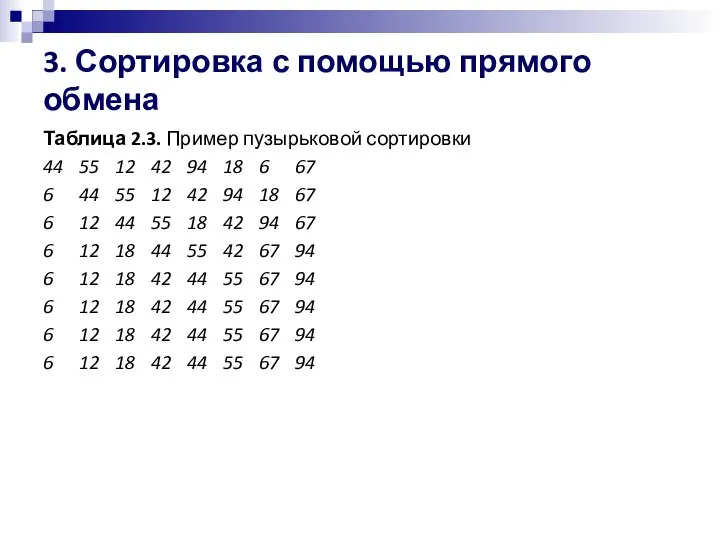 3. Сортировка с помощью прямого обмена Таблица 2.3. Пример пузырьковой сортировки 44