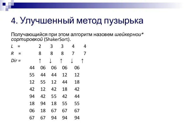 4. Улучшенный метод пузырька Получающийся при этом алгоритм назовем шейкернои* сортировкой (ShakerSort).