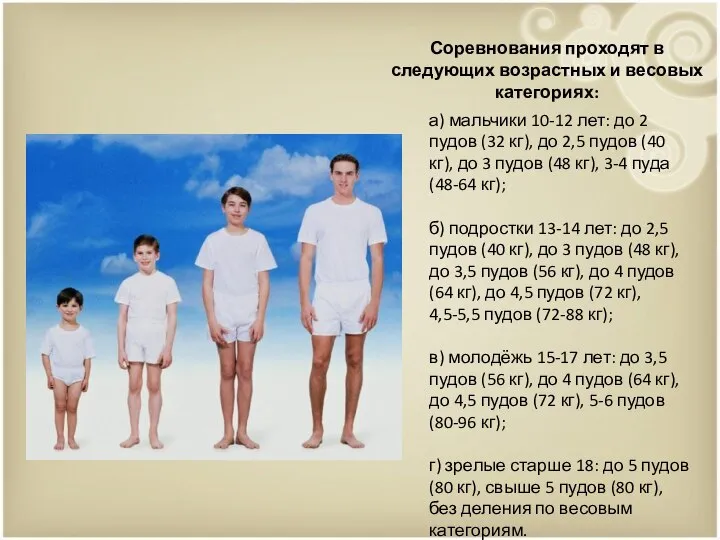 Соревнования проходят в следующих возрастных и весовых категориях: а) мальчики 10-12 лет: