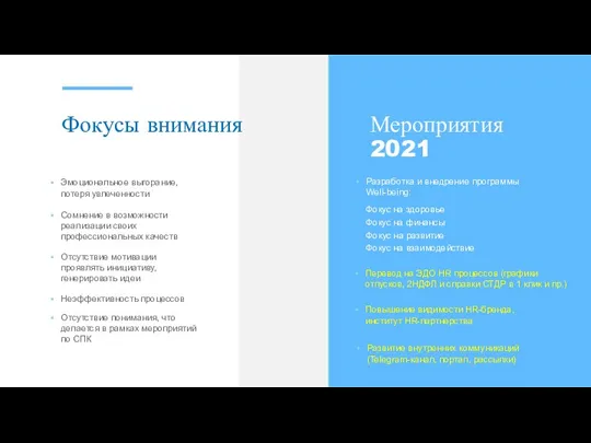 Фокусы внимания Эмоциональное выгорание, потеря увлеченности Сомнение в возможности реализации своих профессиональных