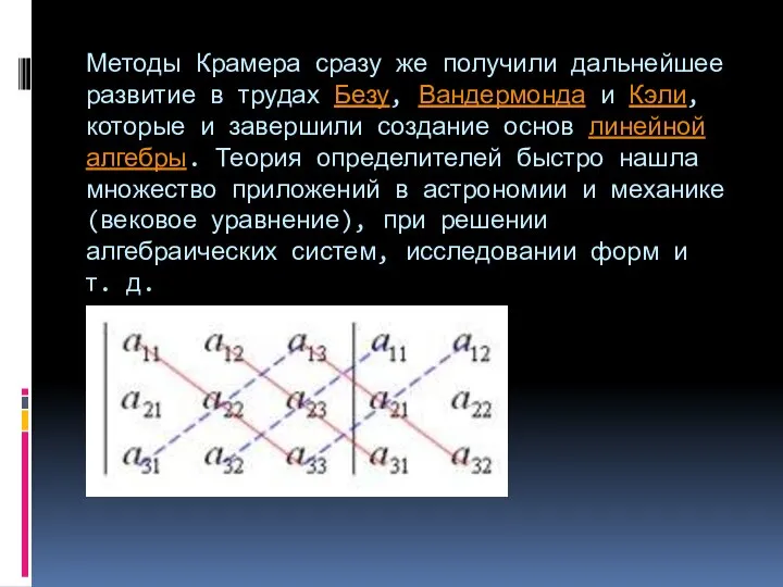 Методы Крамера сразу же получили дальнейшее развитие в трудах Безу, Вандермонда и