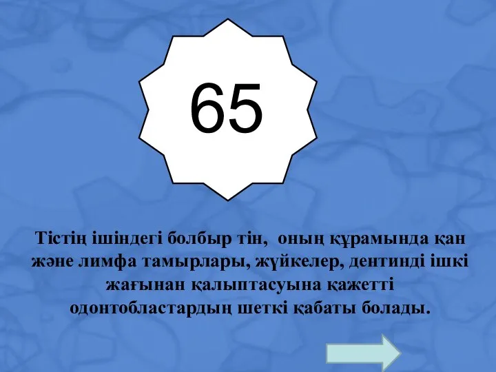 65 Тістің ішіндегі болбыр тін, оның құрамында қан және лимфа тамырлары, жүйкелер,