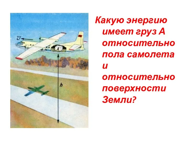 Какую энергию имеет груз А относительно пола самолета и относительно поверхности Земли?