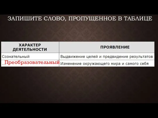 ЗАПИШИТЕ СЛОВО, ПРО­ПУ­ЩЕН­НОЕ В ТАБЛИЦЕ Преобразовательный