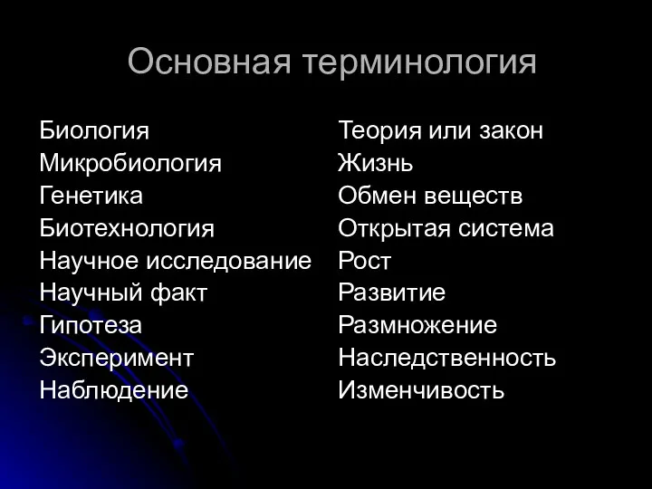 Основная терминология Биология Микробиология Генетика Биотехнология Научное исследование Научный факт Гипотеза Эксперимент