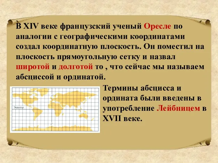 В ХIV веке французский ученый Оресле по аналогии с географическими координатами создал