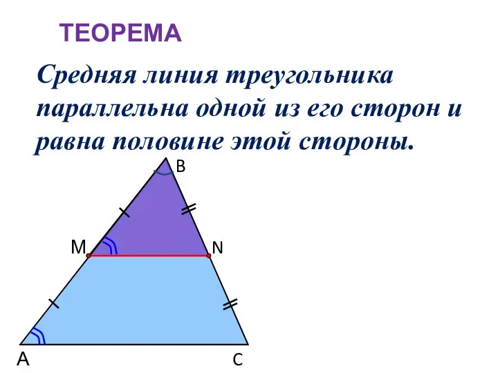 ТЕОРЕМА Средняя линия треугольника параллельна одной из его сторон и равна половине этой стороны. B