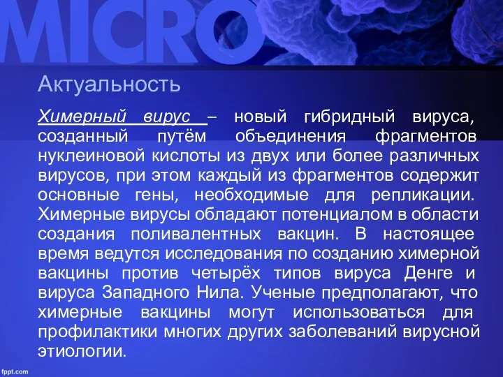 Актуальность Химерный вирус – новый гибридный вируса, созданный путём объединения фрагментов нуклеиновой