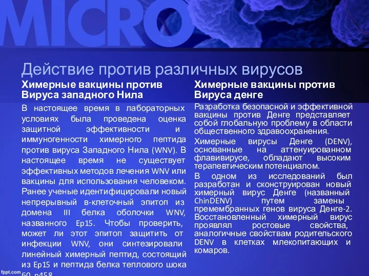 Действие против различных вирусов Химерные вакцины против Вируса западного Нила В настоящее