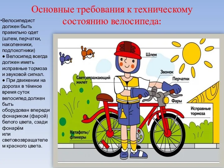 Основные требования к техническому состоянию велосипеда: Велосипедист должен быть правильно одет(шлем, перчатки,