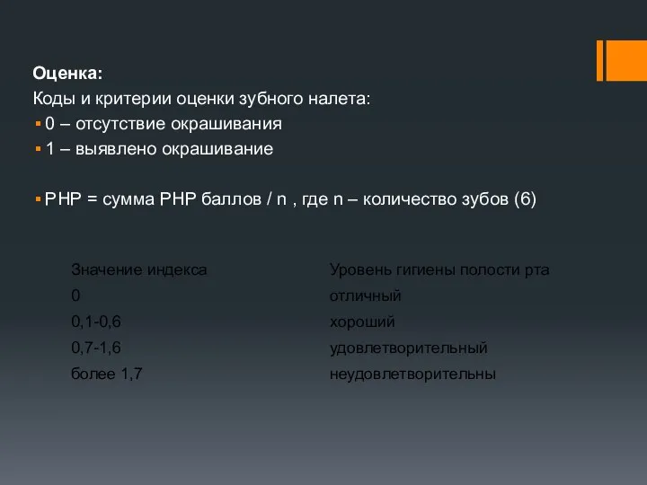 Оценка: Коды и критерии оценки зубного налета: 0 – отсутствие окрашивания 1