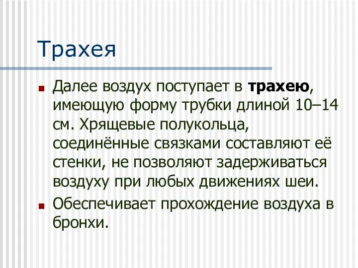 Трахея Далее воздух поступает в трахею, имеющую форму трубки длиной 10–14 см.