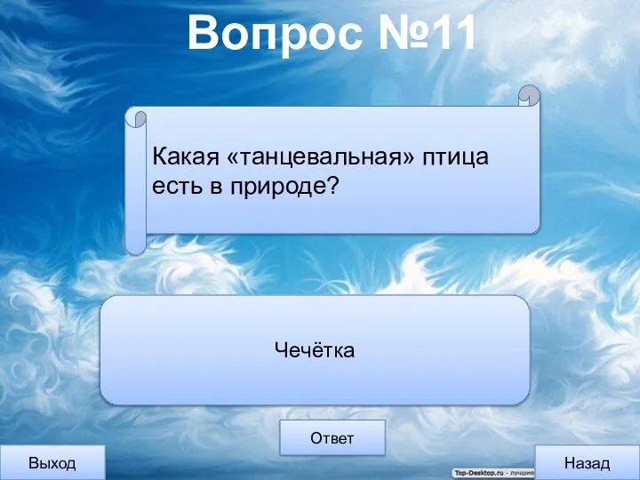 Вопрос №11 Выход Назад Ответ Чечётка Какая «танцевальная» птица есть в природе?