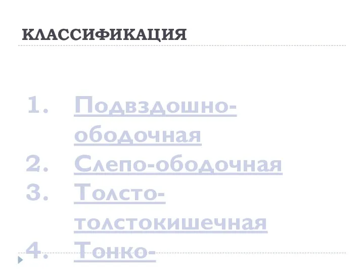 КЛАССИФИКАЦИЯ Подвздошно-ободочная Слепо-ободочная Толсто-толстокишечная Тонко-тонкокишечная