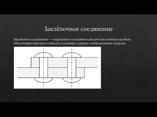 Заклёпочное соединение Заклёпочное соединение — неразъёмное соединение деталей при помощи заклёпок. Обеспечивает