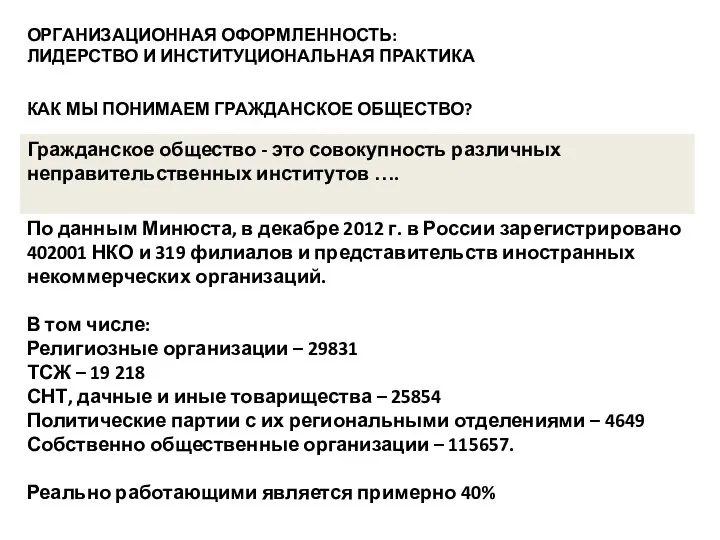 ОРГАНИЗАЦИОННАЯ ОФОРМЛЕННОСТЬ: ЛИДЕРСТВО И ИНСТИТУЦИОНАЛЬНАЯ ПРАКТИКА КАК МЫ ПОНИМАЕМ ГРАЖДАНСКОЕ ОБЩЕСТВО? Гражданское