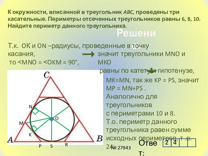 К окружности, вписанной в треугольник ABC, проведены три касательные. Периметры отсеченных треугольников