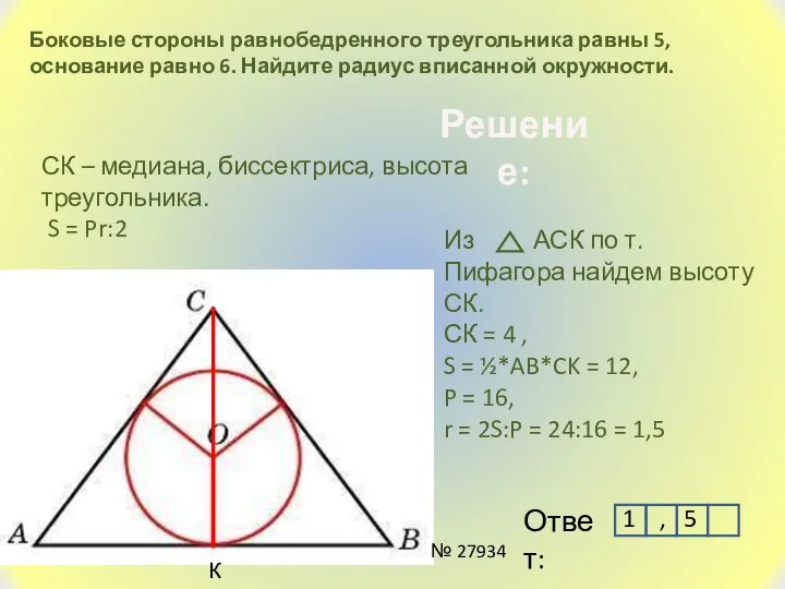 Боковые стороны равнобедренного треугольника равны 5, основание равно 6. Найдите радиус вписанной