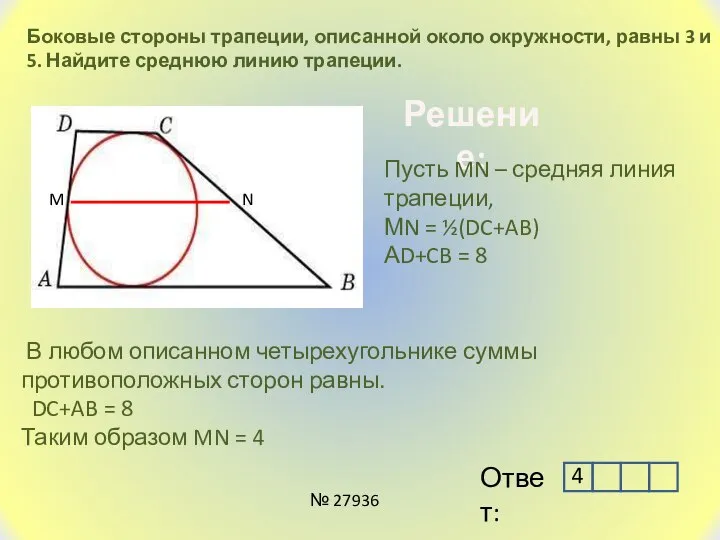 Боковые стороны трапеции, описанной около окружности, равны 3 и 5. Найдите среднюю