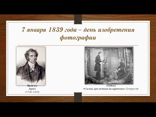 7 января 1839 года – день изобретения фотографии Франсуа Араго (1786-1853) 1839год