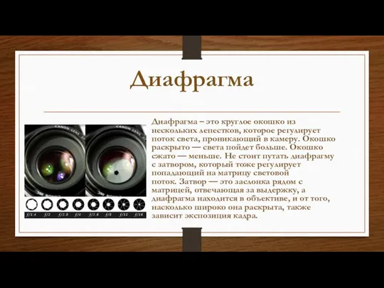 Диафрагма Диафрагма – это круглое окошко из нескольких лепестков, которое регулирует поток