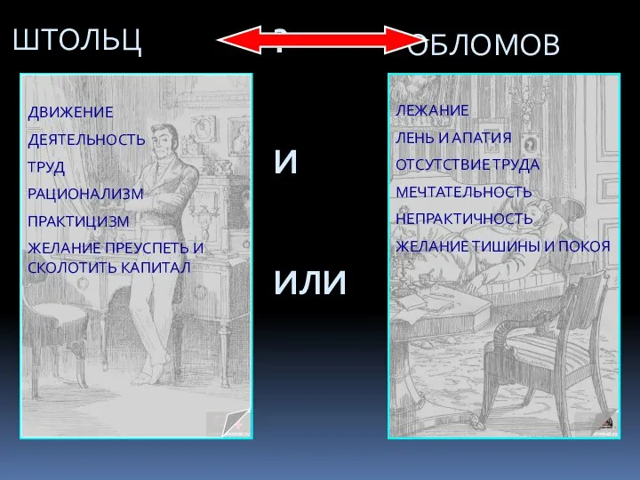 ? И ИЛИ ШТОЛЬЦ ОБЛОМОВ ДВИЖЕНИЕ ДЕЯТЕЛЬНОСТЬ ТРУД РАЦИОНАЛИЗМ ПРАКТИЦИЗМ ЖЕЛАНИЕ ПРЕУСПЕТЬ