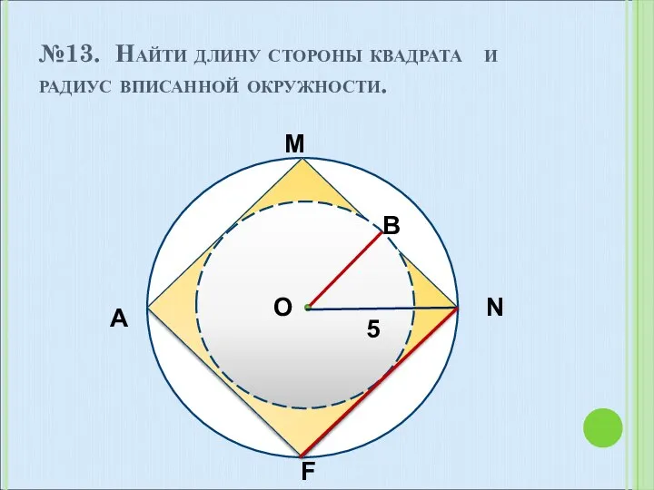 №13. Найти длину стороны квадрата и радиус вписанной окружности. 5 O B N A M F