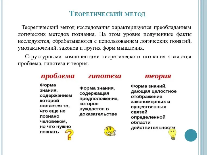 Теоретический метод Теоретический метод исследования характеризуется преобладанием логических методов познания. На этом