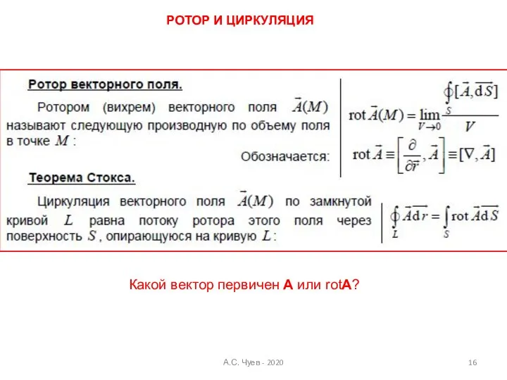 РОТОР И ЦИРКУЛЯЦИЯ Какой вектор первичен A или rotA? А.С. Чуев - 2020