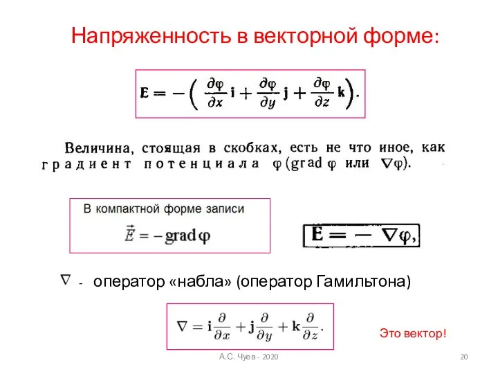 Напряженность в векторной форме: - оператор «набла» (оператор Гамильтона) Это вектор! А.С. Чуев - 2020