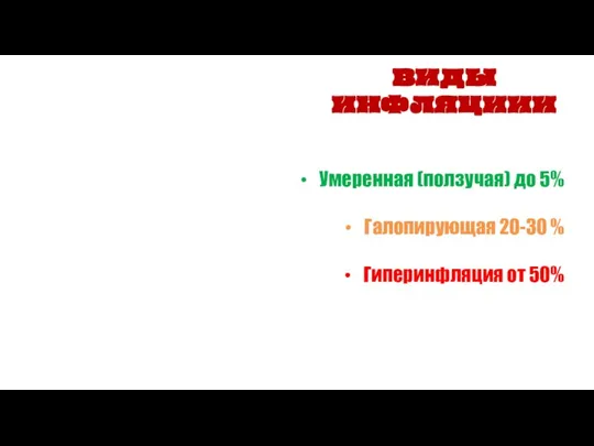 Умеренная (ползучая) до 5% Галопирующая 20-30 % Гиперинфляция от 50% ВИДЫ ИНФЛЯЦИИИ